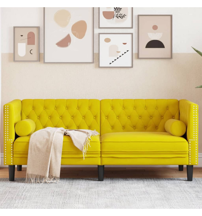 Canapé Chesterfield avec traversins 2 places jaune velours | Mobilier & Déco
