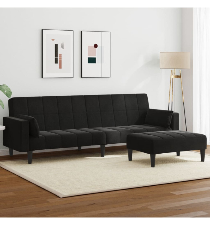 Canapé-lit à 2 places avec repose-pied noir velours | Mobilier & Déco