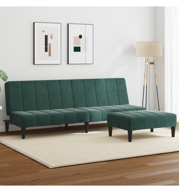 Canapé-lit à 2 places avec repose-pied vert foncé velours | Mobilier & Déco
