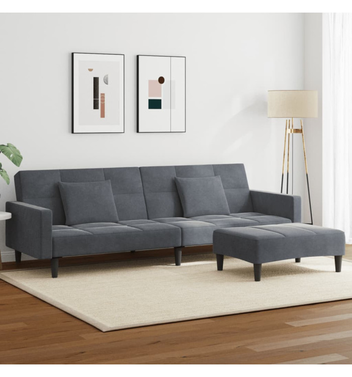 Canapé-lit à 2 places avec repose-pied gris foncé velours | Mobilier & Déco