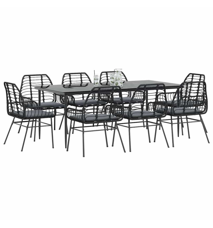 Ensemble à manger de jardin coussins 9pcs noir poly rotin verre | Mobilier & Déco