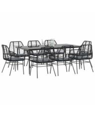 Ensemble à manger de jardin coussins 9pcs noir poly rotin verre | Mobilier & Déco