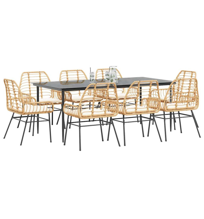 Ensemble à manger jardin coussins 9pcs marron poly rotin verre | Mobilier & Déco