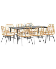 Ensemble à manger jardin coussins 9pcs marron poly rotin verre | Mobilier & Déco