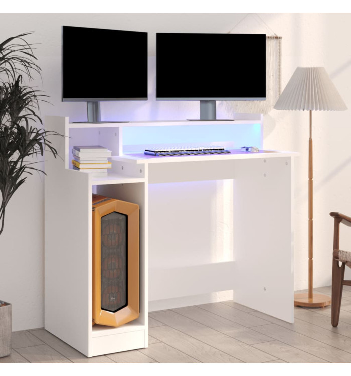 Bureau avec lumières LED Blanc 97x45x90 cm Bois d'ingénierie | Mobilier & Déco