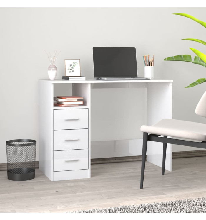 Bureau et tiroirs Blanc brillant 102x50x76 cm Bois d'ingénierie | Mobilier & Déco