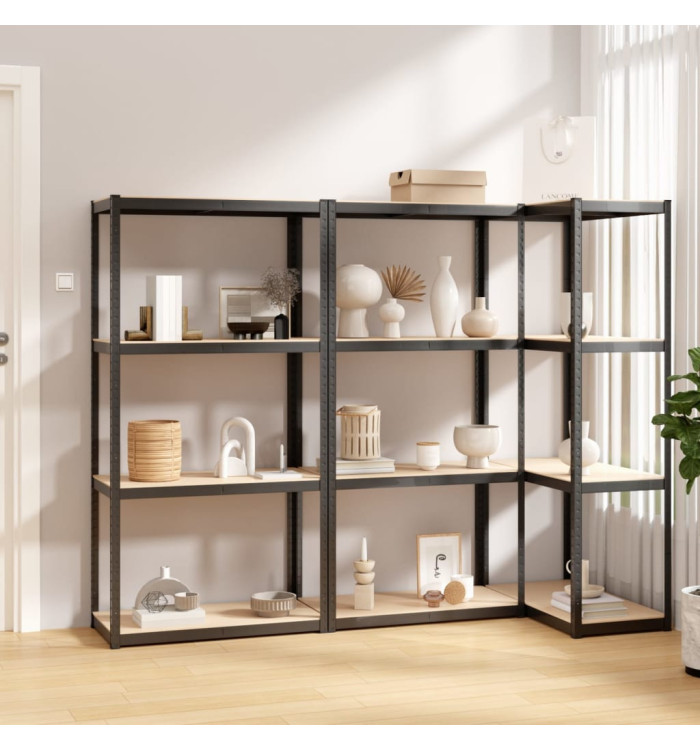 Étagères à 4 niveaux 3pcs Anthracite Acier et bois d'ingénierie | Mobilier & Déco