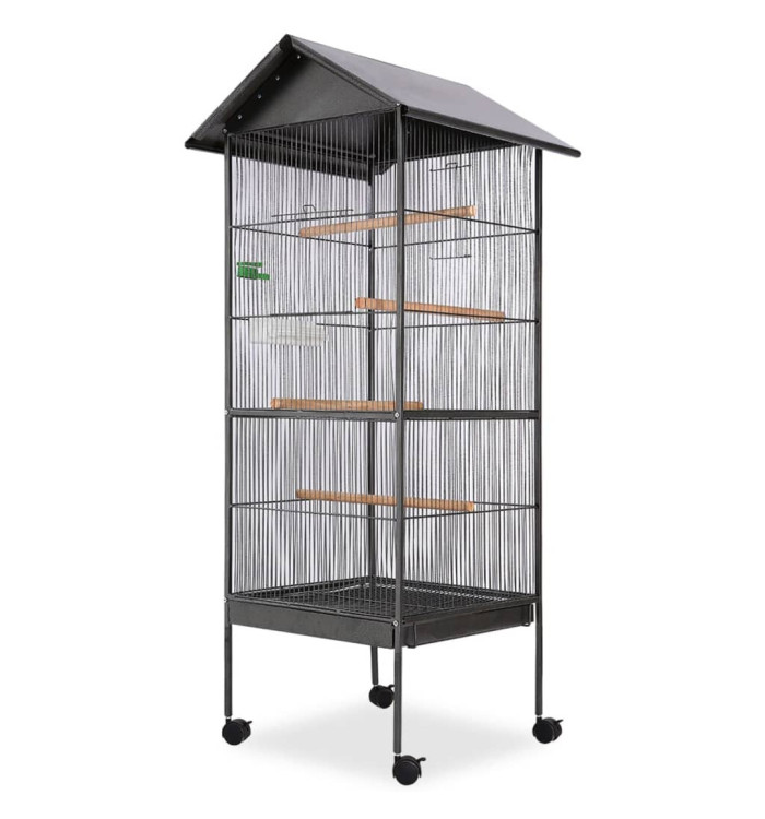 Cage à oiseaux avec toit Acier Noir 66 x 66 x 155 cm | Mobilier & Déco
