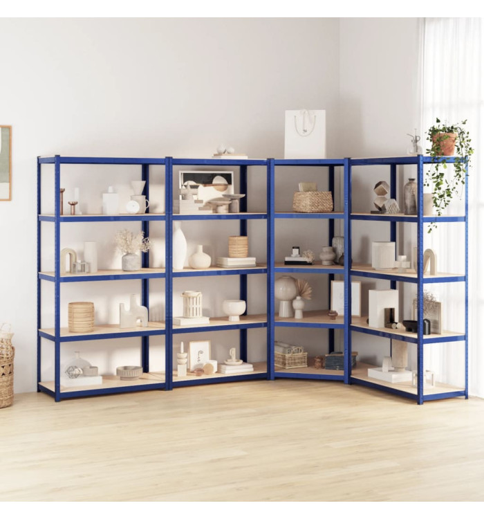 Étagères à 5 niveaux 4pcs Bleu Acier et bois d'ingénierie | Mobilier & Déco