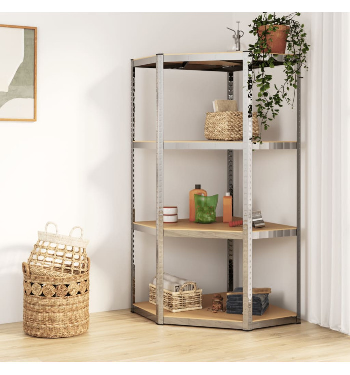 Étagère d'angle à 4 niveaux Argenté Acier et bois d'ingénierie | Mobilier & Déco