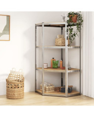 Étagère d'angle à 4 niveaux Argenté Acier et bois d'ingénierie | Mobilier & Déco