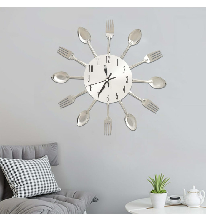 Horloge murale et cuillère et fourchette Argenté 31cm Aluminium | Mobilier & Déco