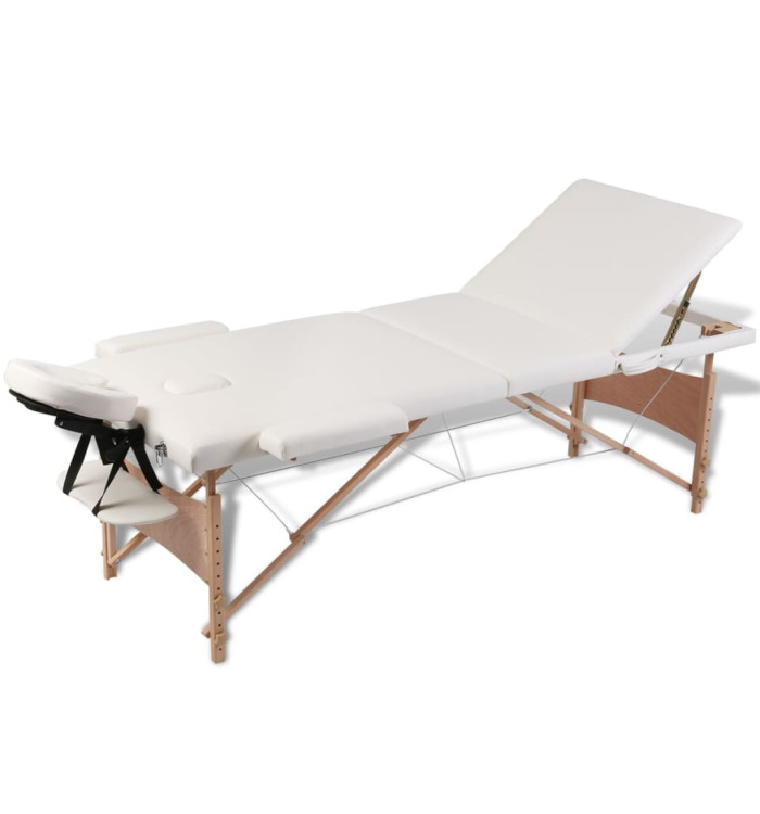 Table de massage pliable Blanc crème 3 zones avec cadre en bois | Mobilier & Déco