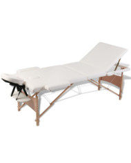 Table de massage pliable Blanc crème 3 zones avec cadre en bois | Mobilier & Déco