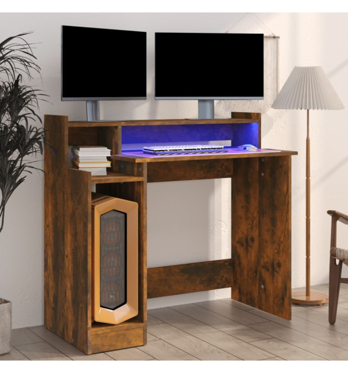 Bureau et lumières LED Chêne fumé 97x45x90 cm Bois d'ingénierie | Mobilier & Déco