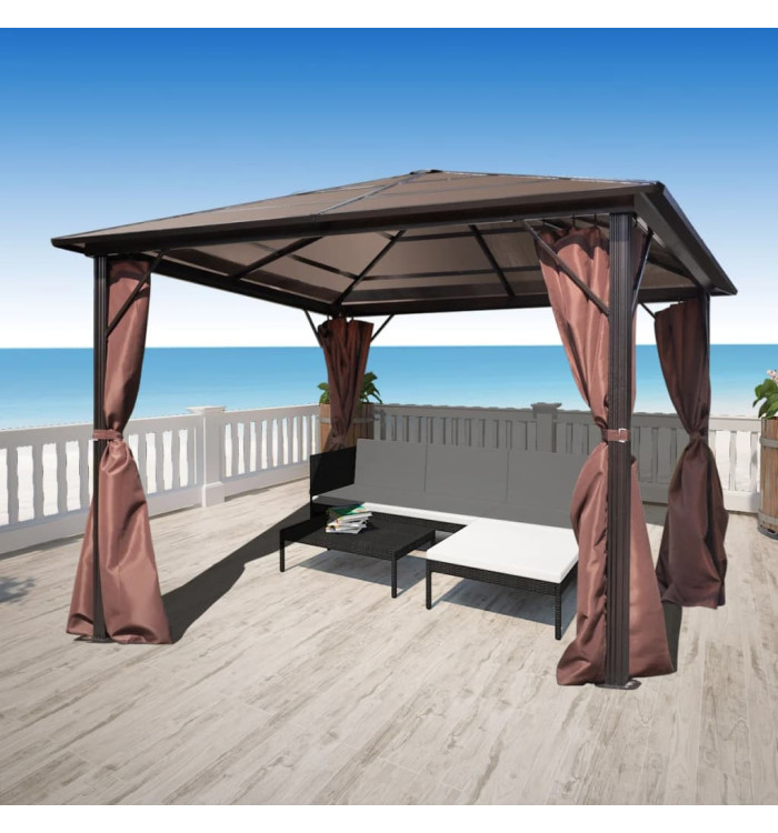Belvédère avec rideau Marron Aluminium 300 x 300 cm | Mobilier & Déco