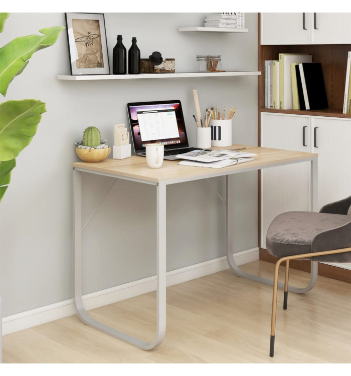 Bureau d'ordinateur Blanc et chêne 110x60x73 cm Aggloméré | Mobilier & Déco