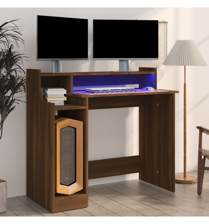 Bureau et lumières LED Chêne brun 97x45x90 cm Bois d'ingénierie | Mobilier & Déco