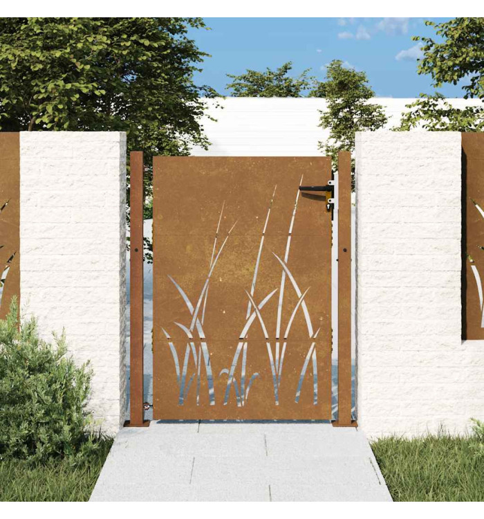 Portail de jardin 105x130 cm acier corten conception d'herbe | Mobilier & Déco