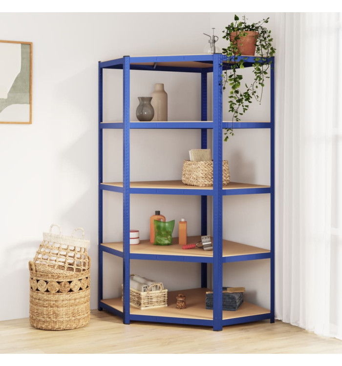 Étagère d'angle à 5 niveaux Bleu Acier et bois d'ingénierie | Mobilier & Déco