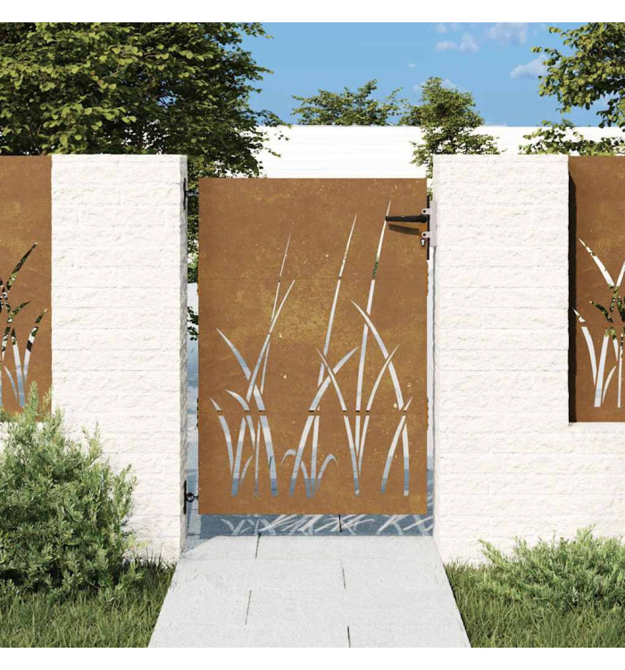 Portail de jardin 85x150 cm acier corten conception d'herbe | Mobilier & Déco