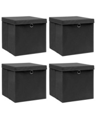 Boîtes de rangement avec couvercle 4 pcs Noir 32x32x32 cm Tissu | Mobilier & Déco