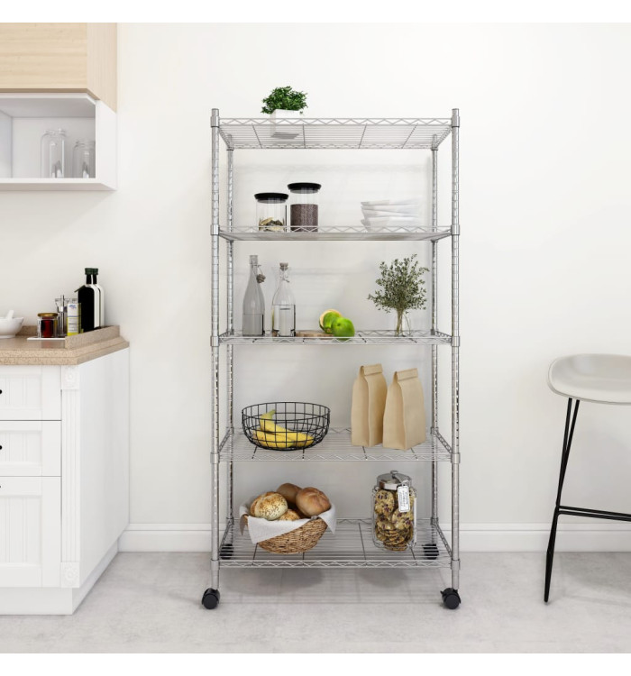 Étagère de rangement 5 niveaux roues 75x35x155 cm Chrome 250 kg | Mobilier & Déco