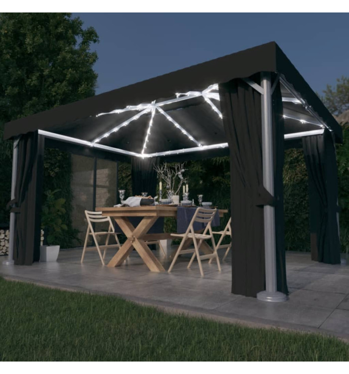 Tonnelle avec rideau et guirlande lumineuse LED 4x3m Anthracite | Mobilier & Déco