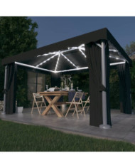 Tonnelle avec rideau et guirlande lumineuse LED 4x3m Anthracite | Mobilier & Déco