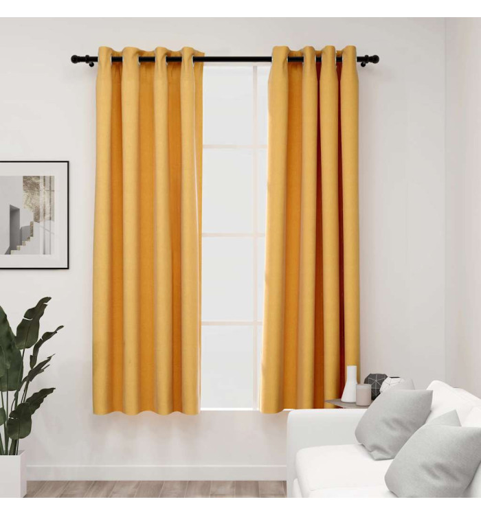 Rideaux occultants Aspect lin à œillets 2 pcs Jaune 140x175 cm | Mobilier & Déco