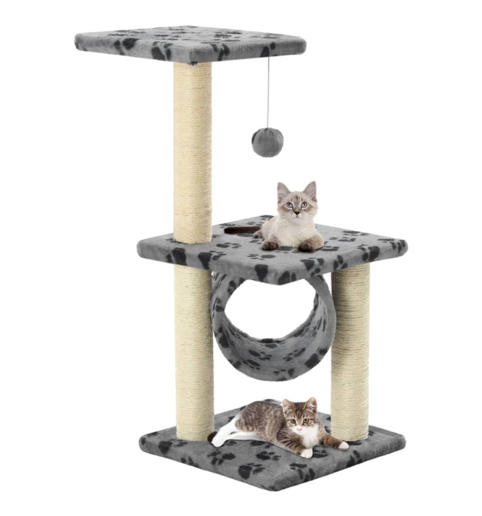 Arbre à chat avec griffoirs en sisal 65 cm Gris Motif de pattes | Mobilier & Déco