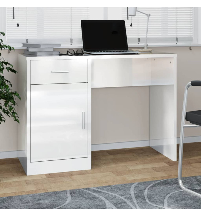 Bureau avec tiroir et armoire Blanc brillant 100x40x73 cm | Mobilier & Déco