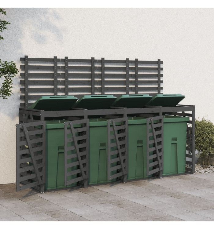 Abri pour poubelle quadruple sur roulettes gris bois de pin | Mobilier & Déco