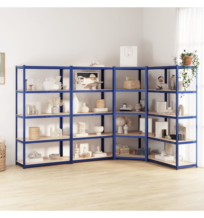 Étagères à 5 niveaux 4pcs Bleu Acier et bois d'ingénierie | Mobilier & Déco