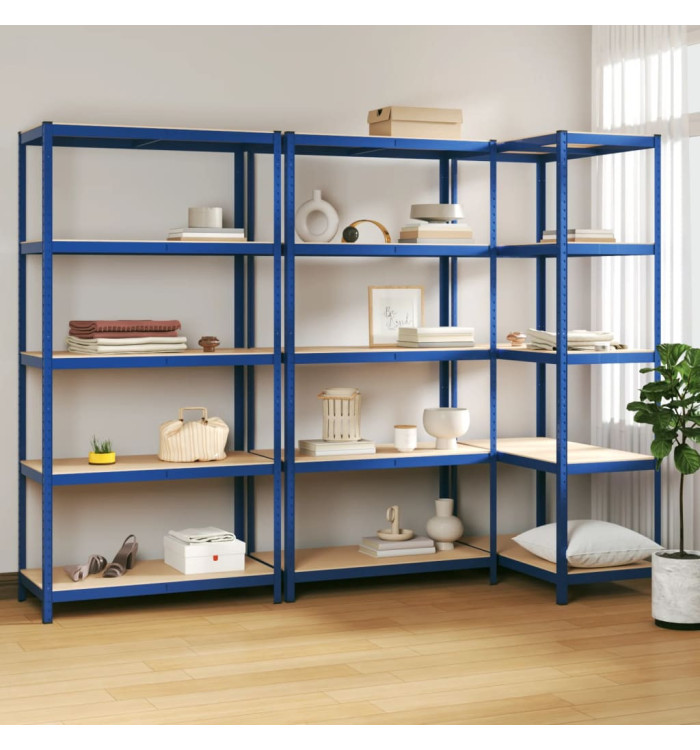 Étagères à 5 niveaux 3 pcs Bleu Acier et bois d'ingénierie | Mobilier & Déco