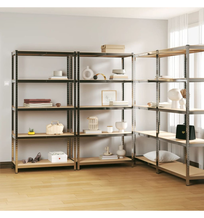 Étagères à 5 niveaux 4 pcs Argenté Acier et bois d'ingénierie | Mobilier & Déco