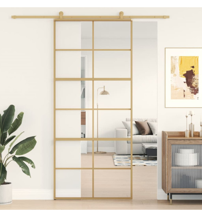 Porte coulissante doré 90x205 cm verre ESG clair et aluminium | Mobilier & Déco