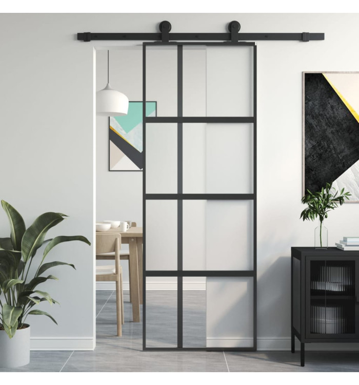 Porte coulissante noir 76x205 cm verre trempé aluminium | Mobilier & Déco