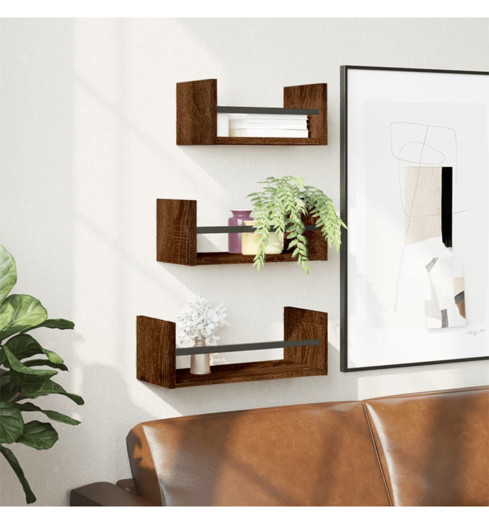 Ensemble d'étagères murales avec barres 3 pcs chêne marron | Mobilier & Déco
