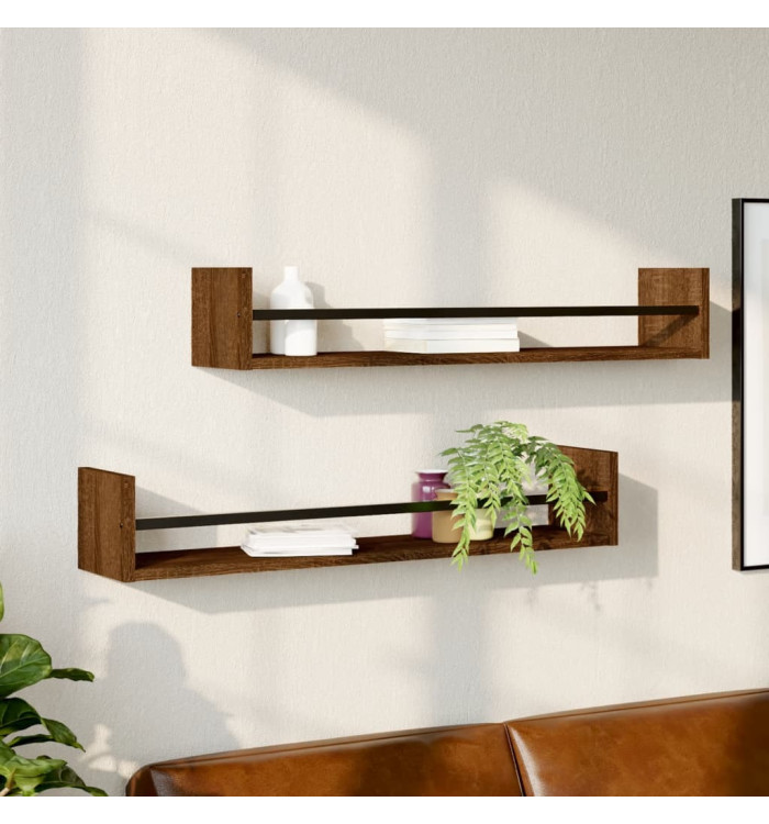Étagères murales avec barres 2 pcs chêne marron 80x16x14 cm | Mobilier & Déco