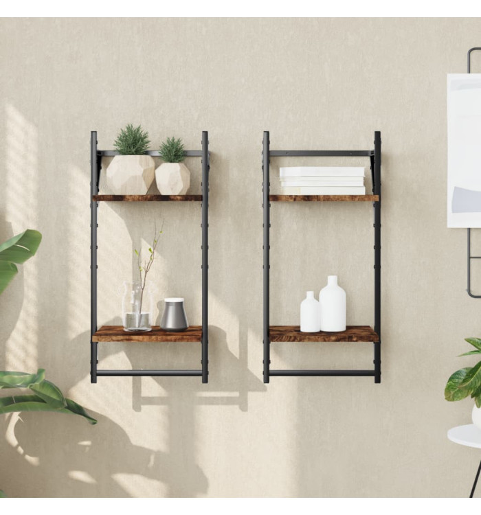 Étagères murales à 2 niveaux avec barres 2 pcs chêne fumé | Mobilier & Déco