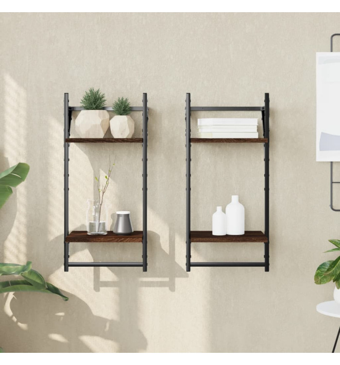 Étagères murales à 2 niveaux avec barres 2 pcs chêne marron | Mobilier & Déco