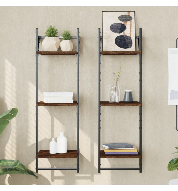 Étagères murales à 3 niveaux avec barres 2 pcs chêne marron | Mobilier & Déco