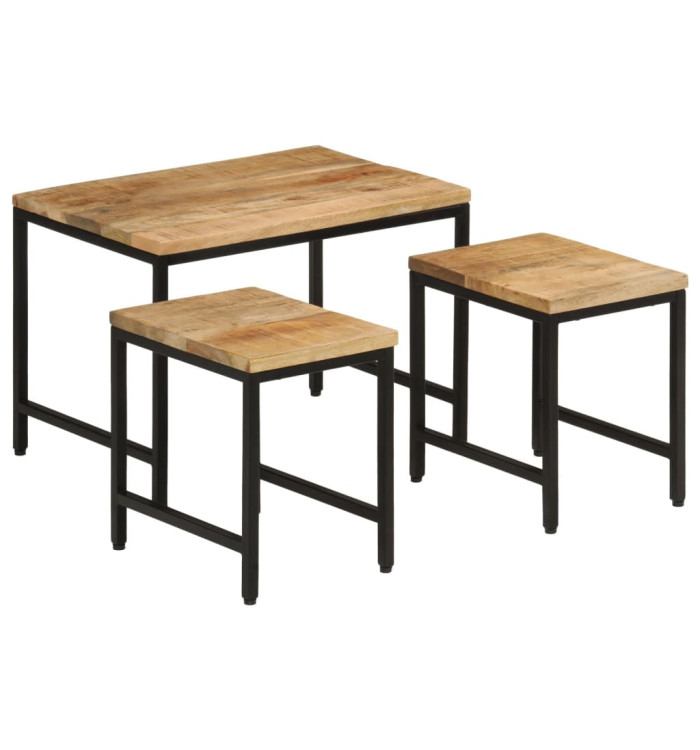 Tables basses gigognes 3pcs bois de manguier massif brut et fer | Mobilier & Déco