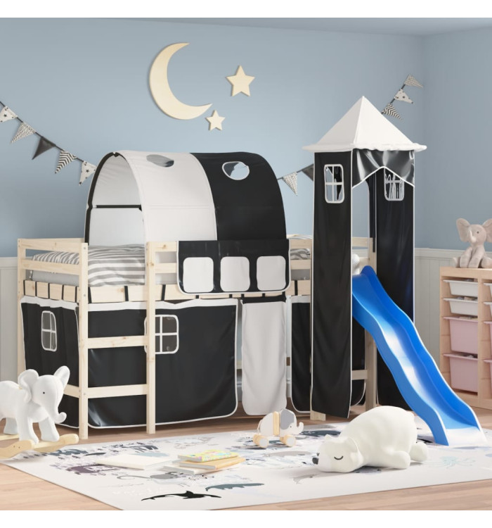 Rideaux pour lit mezzanine avec tunnel et tour blanc et noir | Mobilier & Déco
