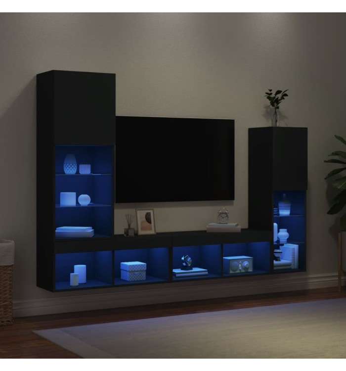 Unités murales TV avec LED 4 pcs noir bois d'ingénierie | Mobilier & Déco