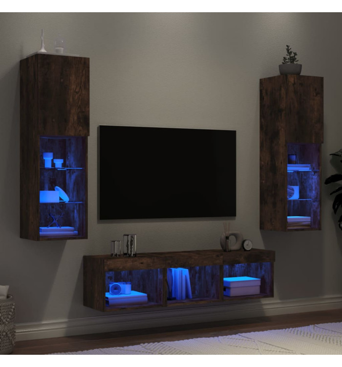 Unités murales TV avec LED 5 pcs chêne fumé bois d'ingénierie | Mobilier & Déco