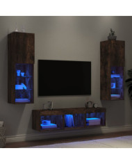 Unités murales TV avec LED 5 pcs chêne fumé bois d'ingénierie | Mobilier & Déco