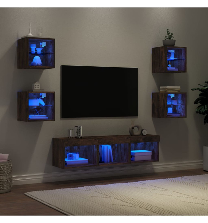 Unités murales TV avec LED 7 pcs chêne fumé bois d'ingénierie | Mobilier & Déco