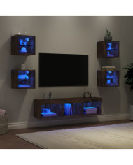 Unités murales TV avec LED 7 pcs chêne fumé bois d'ingénierie | Mobilier & Déco